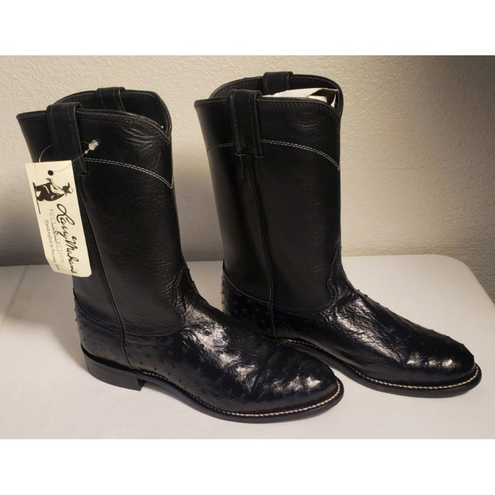 Larry Mahan Ostrich Quill Men‎ 7.5D Black  Leather Western  Boots NWT